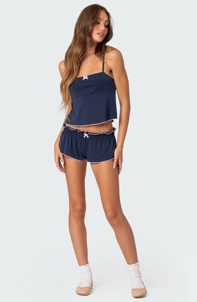 Edikted Alice Low Rise Ruffle Shorts In Navy