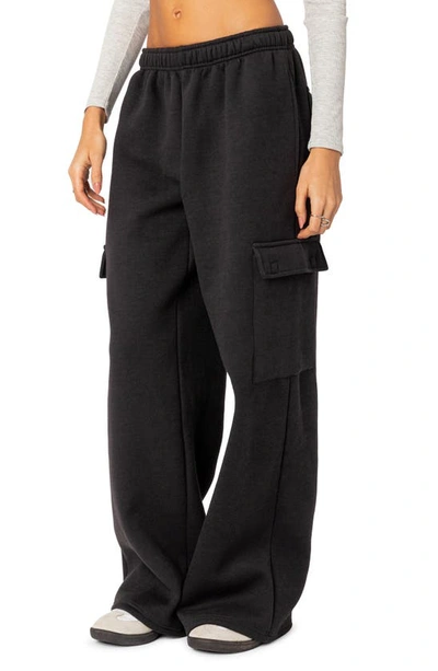 Shop Edikted Wide Leg Cotton Cargo Sweatpants In Dark-gray