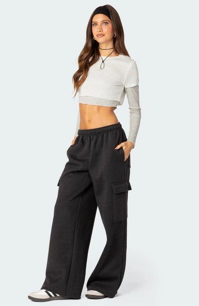 Shop Edikted Wide Leg Cotton Cargo Sweatpants In Dark-gray