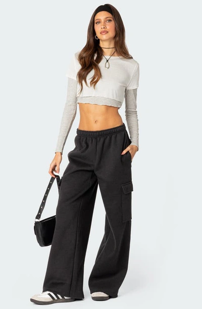 Shop Edikted Wide Leg Cotton Cargo Sweatpants In Dark-gray