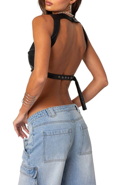 Edikted Porsha Open Back Faux Leather Crop Top In Black