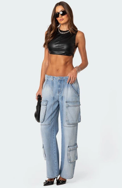 Edikted Porsha Open Back Faux Leather Crop Top In Black
