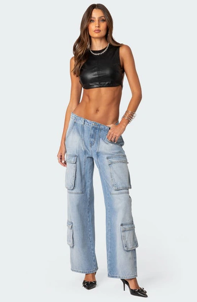 Edikted Porsha Open Back Faux Leather Crop Top In Black