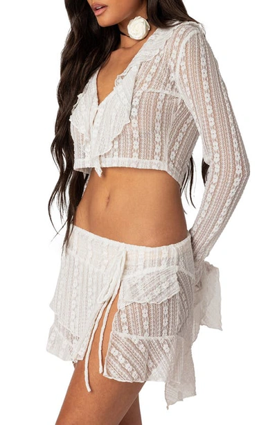 Shop Edikted Anastasia Sheer Lace Ruffle Crop Top In White