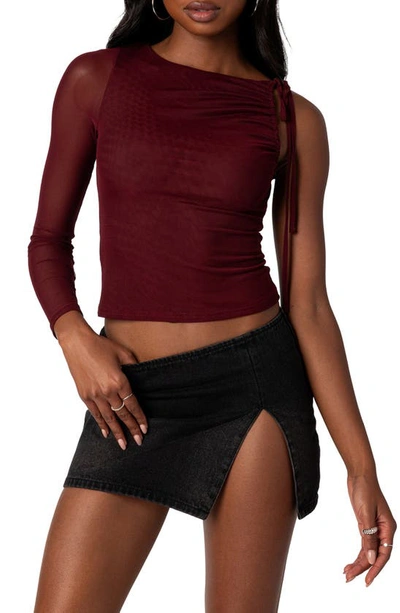 Shop Edikted Jupiter Asymmetric Mesh Sleeve Top In Burgundy