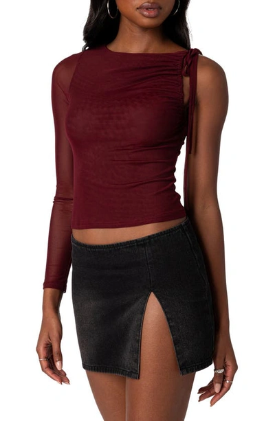 Shop Edikted Jupiter Asymmetric Mesh Sleeve Top In Burgundy