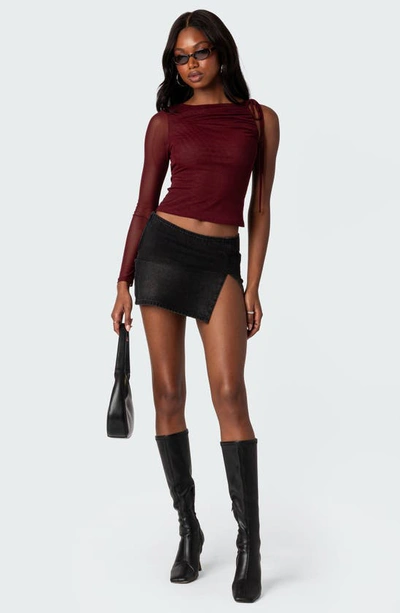 Shop Edikted Jupiter Asymmetric Mesh Sleeve Top In Burgundy