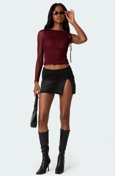 Shop Edikted Jupiter Asymmetric Mesh Sleeve Top In Burgundy