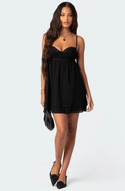Edikted Bonny Eyelet Trim Cotton Babydoll Minidress In Black