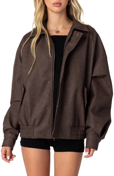 Shop Edikted Mori Oversize Faux Leather Jacket In Brown