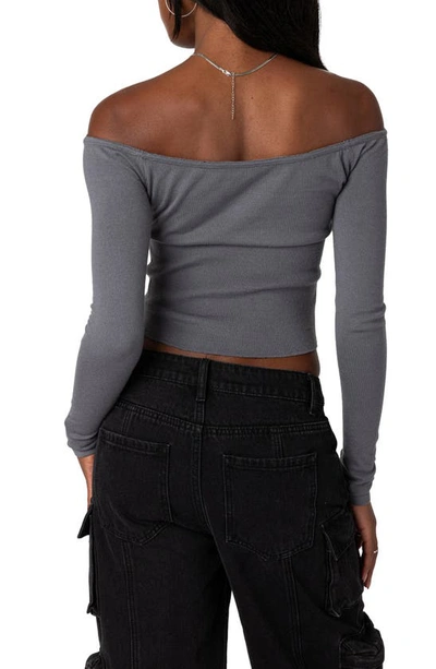 Edikted Jane Tie Front Off The Shoulder Long Sleeve Crop Top In Gray