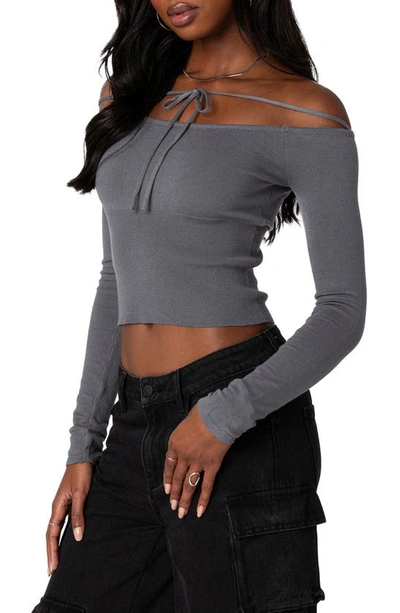 Edikted Jane Tie Front Off The Shoulder Long Sleeve Crop Top In Gray