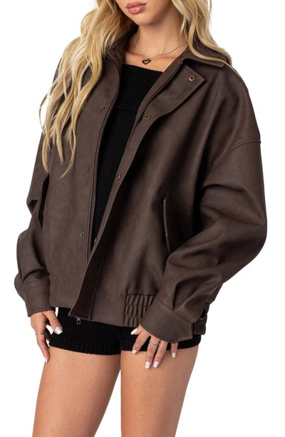 EDIKTED Vegan Leather Bomber Jacket - Brown | Large