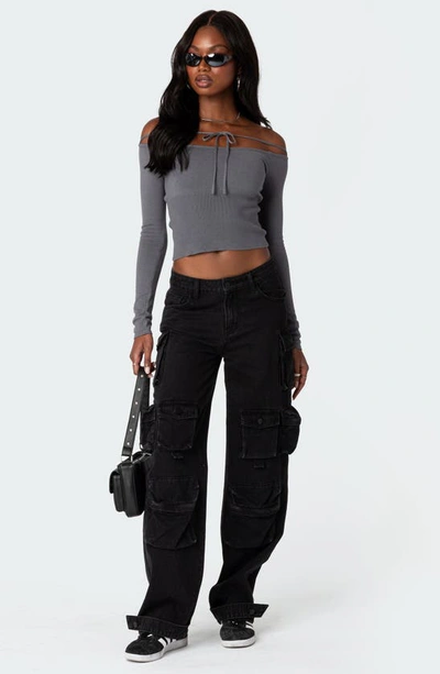 Edikted Jane Tie Front Off The Shoulder Long Sleeve Crop Top In Gray