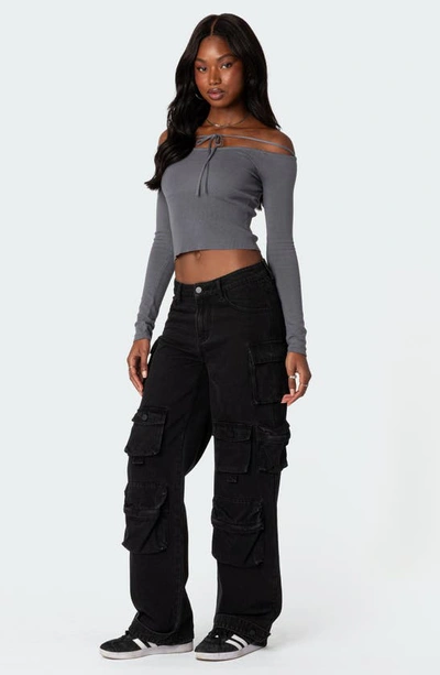 Edikted Jane Tie Front Off The Shoulder Long Sleeve Crop Top In Gray