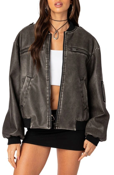 Shop Edikted Vava Washed Faux Leather Bomber Jacket In Gray-washed