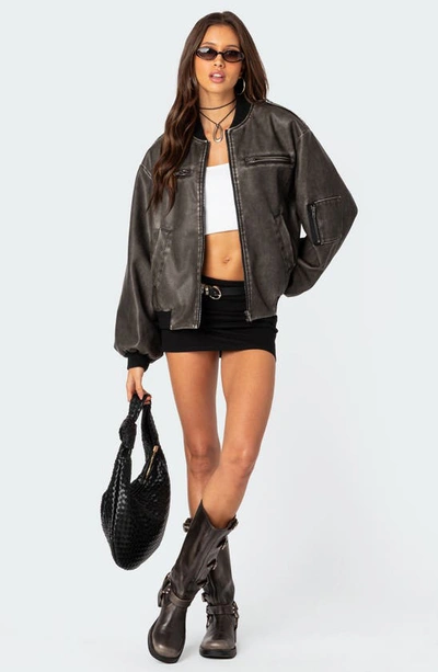 Shop Edikted Vava Washed Faux Leather Bomber Jacket In Gray-washed