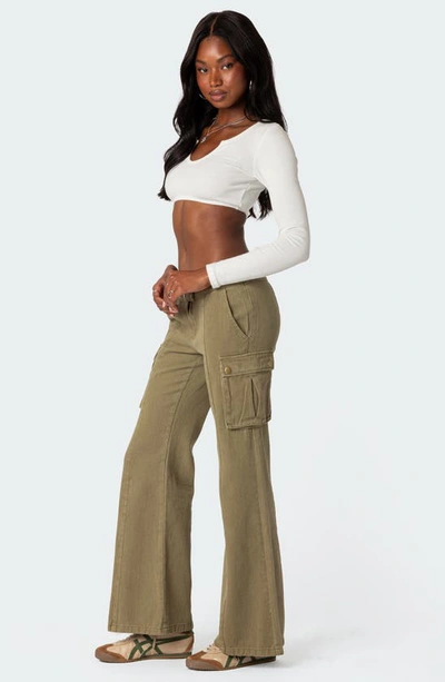 Shop Edikted Sabri Low Rise Flare Leg Cargo Jeans In Olive