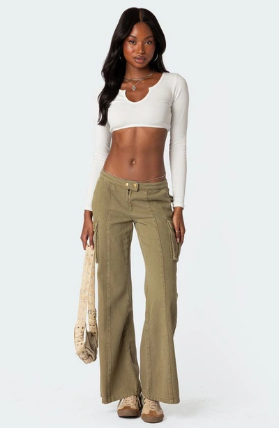 Shop Edikted Sabri Low Rise Flare Leg Cargo Jeans In Olive