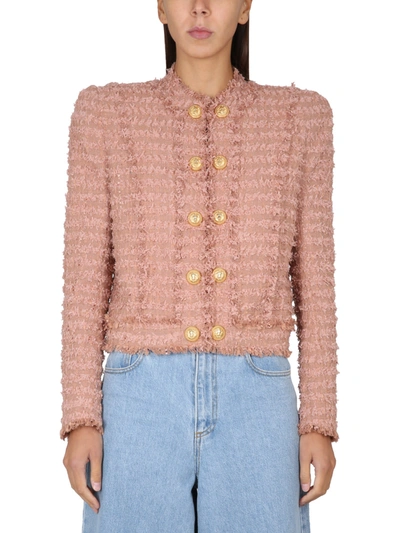 Shop Balmain Jacket With Gold Buttons In Nude