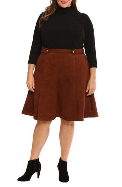 London Times Plus Size Combo Faux-suede Mock-neck Dress In Brown