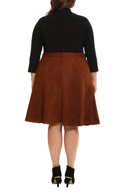 London Times Plus Size Combo Faux-suede Mock-neck Dress In Brown