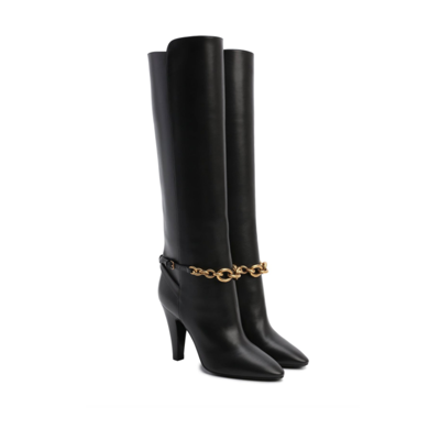 Saint Laurent Leather Boots With Gold Tone Chain Detail