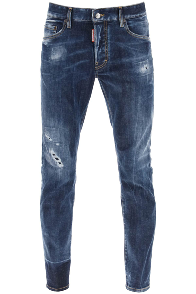 Shop Dsquared2 Dark Scar Wash Skater Jeans In Navy Blue (blue)