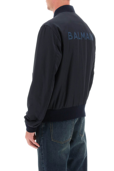 Shop Balmain Nylon Pb Bomber Jacket In Bleu Marine Fonce (blue)