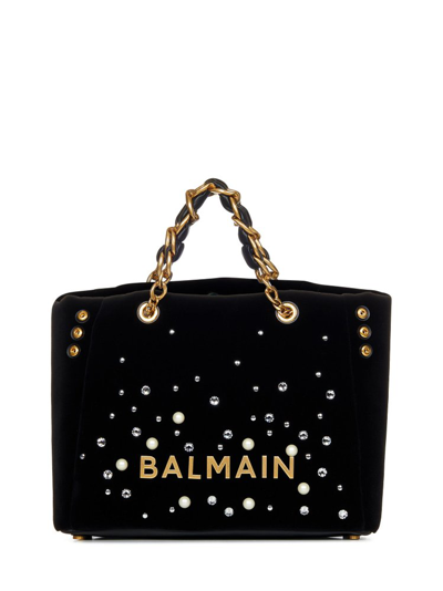 Shop Balmain 1945 Embellished Velvet Tote Bag In Black