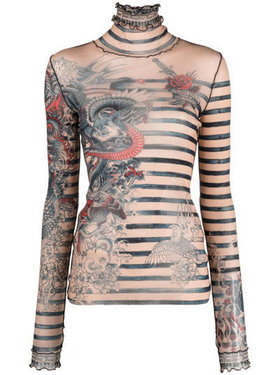 Shop Jean Paul Gaultier Neutral Tattoo-print Striped Top In Neutrals