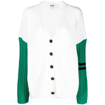 Msgm Colour-block Cable-knit Cardigan In White