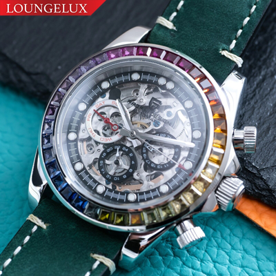 Pre-owned Pagani 40mm Automatic Mechanical Calendar Watch Silver Rainbow Green Suede Leather