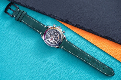 Pre-owned Pagani 40mm Automatic Mechanical Calendar Watch Silver Rainbow Green Suede Leather