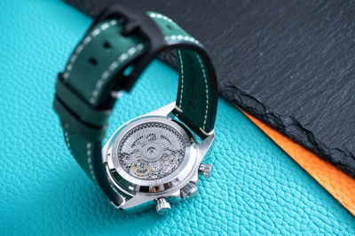 Pre-owned Pagani 40mm Automatic Mechanical Calendar Watch Silver Rainbow Green Suede Leather