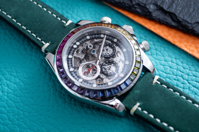 Pre-owned Pagani 40mm Automatic Mechanical Calendar Watch Silver Rainbow Green Suede Leather