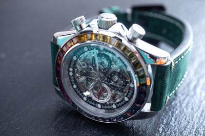 Pre-owned Pagani 40mm Automatic Mechanical Calendar Watch Silver Rainbow Green Suede Leather