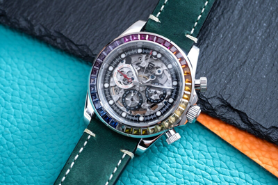 Pre-owned Pagani 40mm Automatic Mechanical Calendar Watch Silver Rainbow Green Suede Leather
