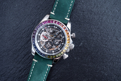 Pre-owned Pagani 40mm Automatic Mechanical Calendar Watch Silver Rainbow Green Suede Leather