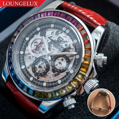 Pre-owned Pagani 40mm Automatic Mechanical Watch Silver Luxury Stones Red Leather Strap Gift