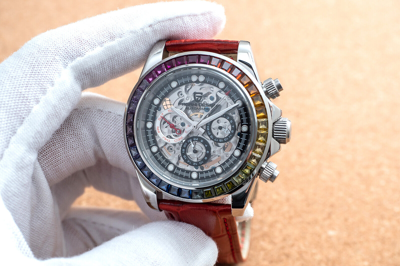 Pre-owned Pagani 40mm Automatic Mechanical Watch Silver Luxury Stones Red Leather Strap Gift