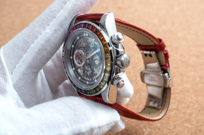 Pre-owned Pagani 40mm Automatic Mechanical Watch Silver Luxury Stones Red Leather Strap Gift