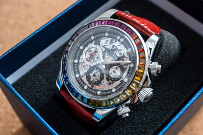 Pre-owned Pagani 40mm Automatic Mechanical Watch Silver Luxury Stones Red Leather Strap Gift