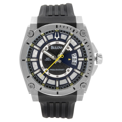 Pre-owned Bulova 96b131 Precisionist Steel Black Silver Dial Rubber Band Quartz Mens Watch