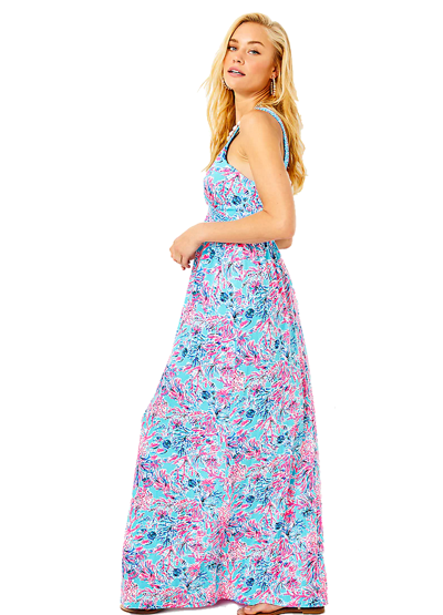 Pre-owned Lilly Pulitzer Size 6 Serena Maxi Dress Seek & Sea Celestial Blue