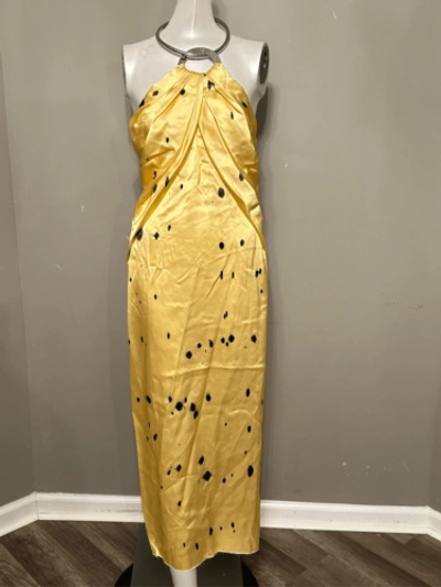 Pre-owned Marina Moscone Halter Necklace Satin Midi Dress In Yellow