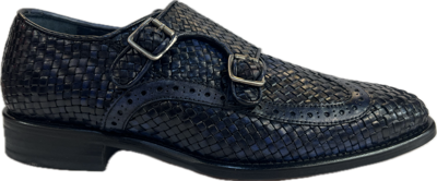 Pre-owned Calzoleria Toscana Mens Navy Leather Woven Double Monk Strap Dress Shoes Q978 In Blue