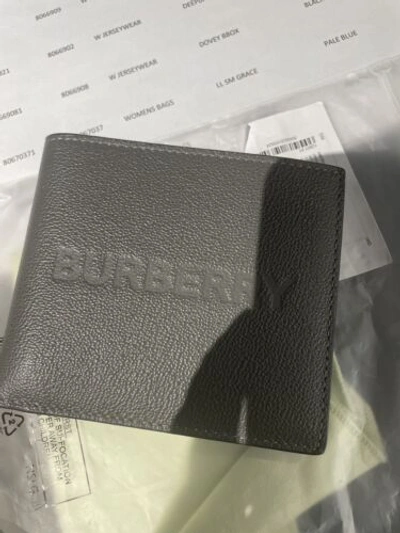 Pre-owned Burberry Bifold Wallet Embossed Logo Leather International Charcoal Grey $480 In Gray