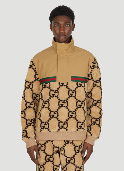 Shop Gucci Men Gg Jacquard Faux Fur Half-zip Jacket In Brown