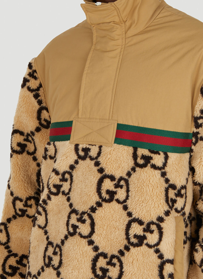 Shop Gucci Men Gg Jacquard Faux Fur Half-zip Jacket In Brown